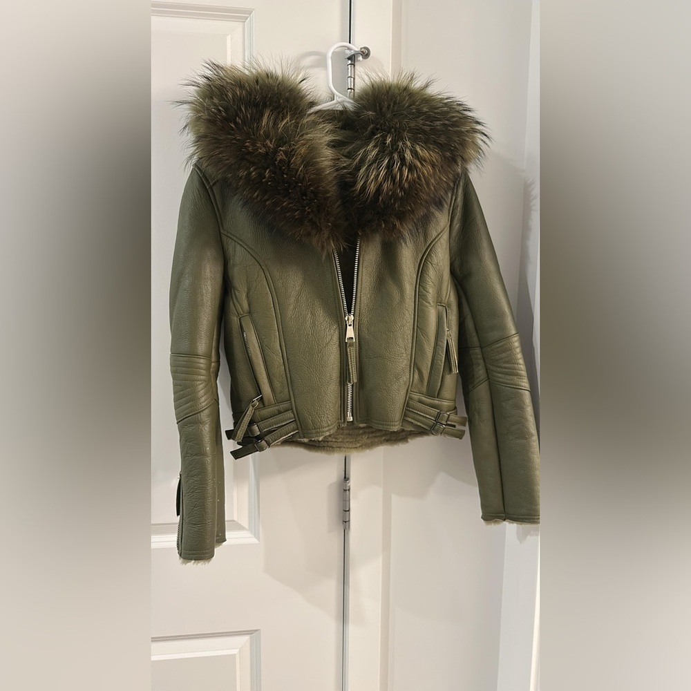 Olive Green Fur Collar Leather Jacket